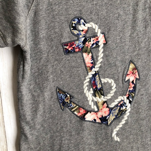 J. Crew Gray Floral Anchor Nautical Sweatshirt Tee - Picture 2 of 4